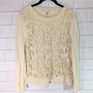 J. Crew Oatmeal Crochet Lace-Front Crew Neck Sweatshirt